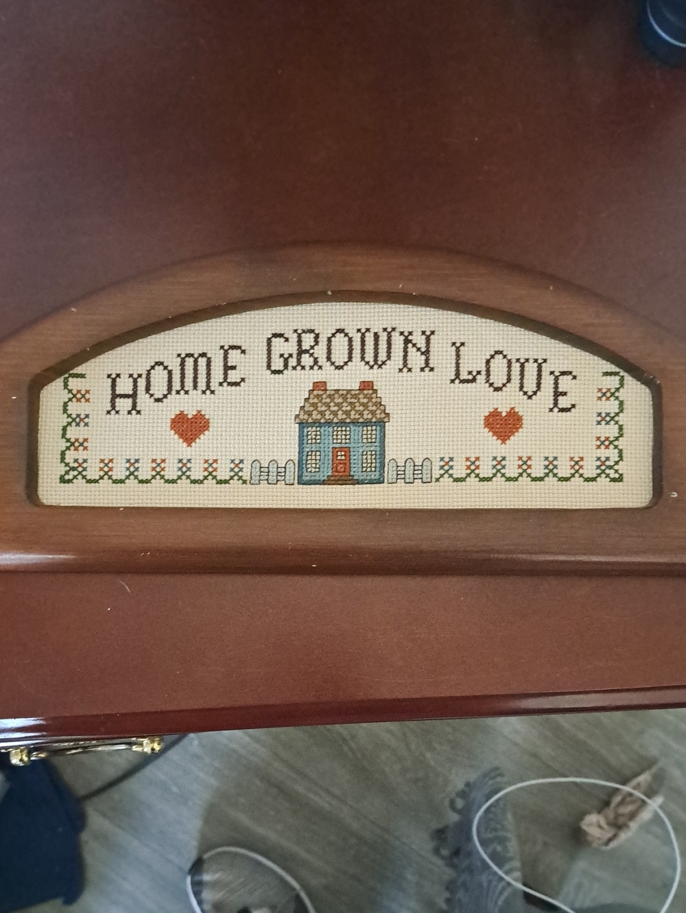 Vintage Handcrafted 'Home Grown Love' Cross-Stitch Wall Art - Cream, Blue & Red